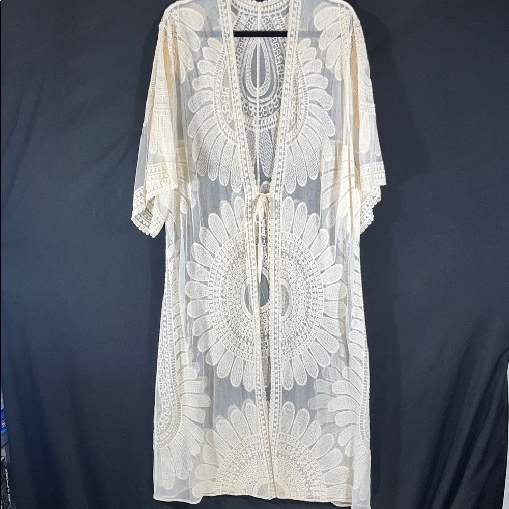 Elegant Ivory Crochet Kimono Long Cover-Up Or Robe Lrg